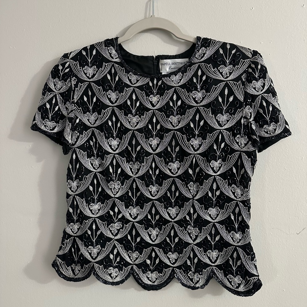 Papell Boutique Black and Silver Embroidered Blouse